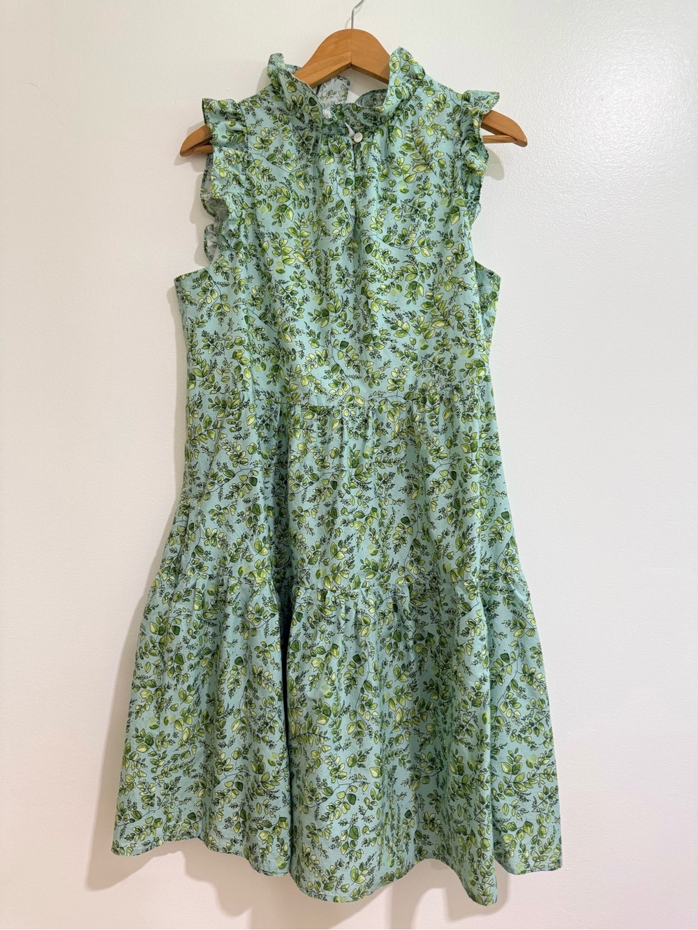 Sara Campbell 100% Cotton Ruffle Neck Tiered Leaf Print Dress L Made in USA